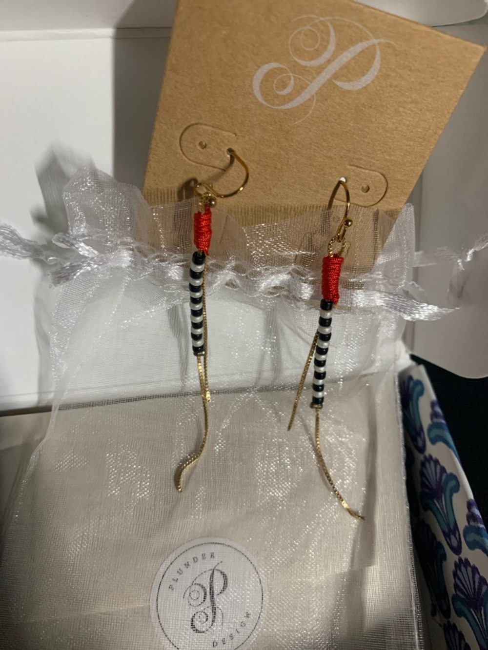 Plunder Gold Drop Earrings with Black, White & Red Thread